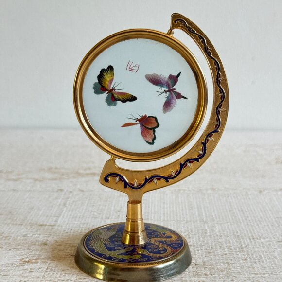 Vintage Chinese Cloisonne Silk Butterfly Embroidery Art - Picture 2 of 13